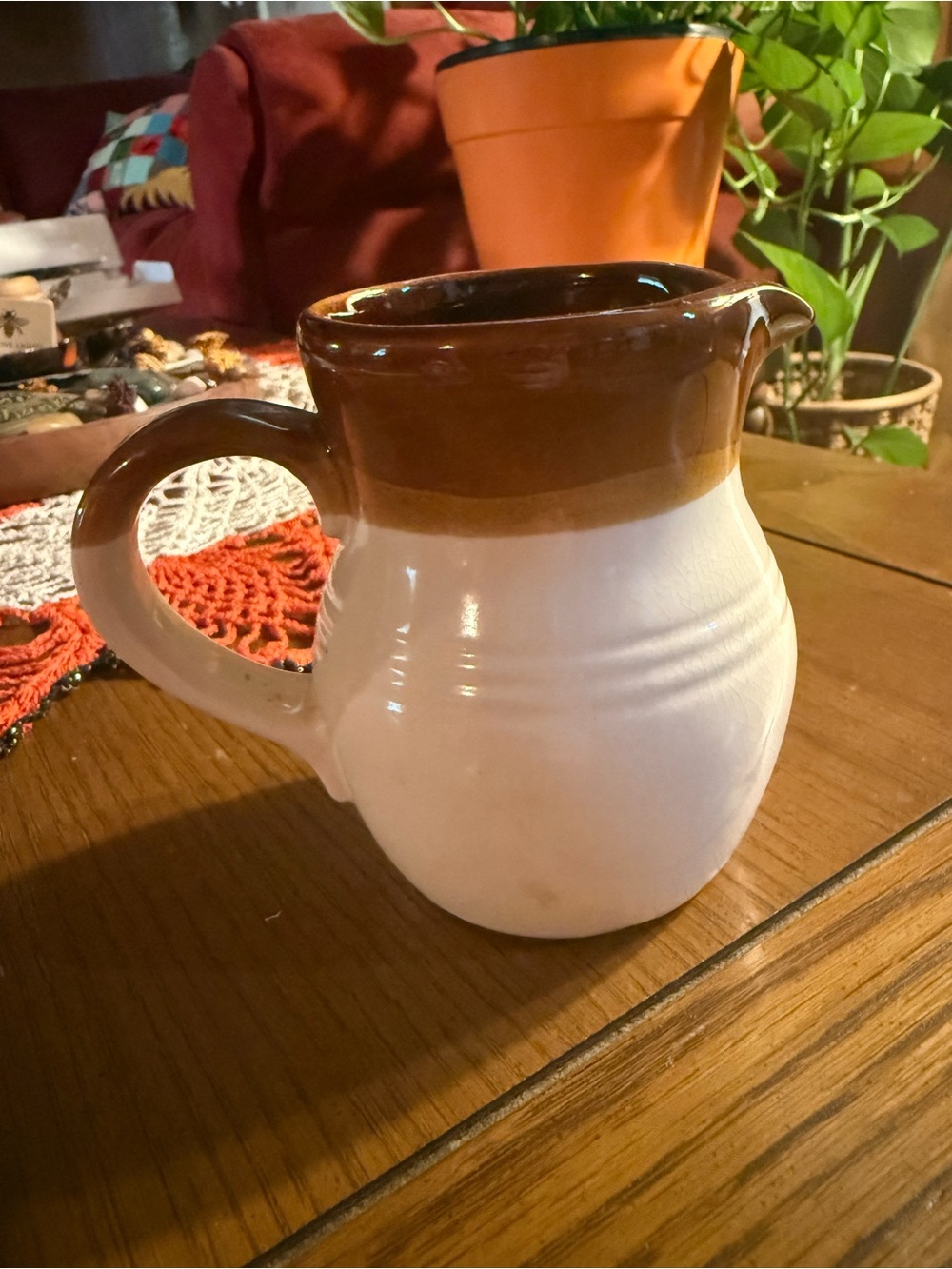 Vintage Brown & Cream Stoneware Pitcher Crazed Glaze Farmhouse Pottery